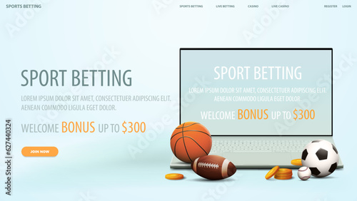 Sport betting, white web banner with interface elements, laptop and sport balls