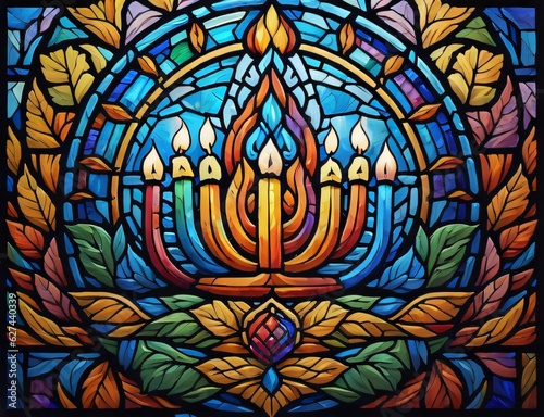 Image featuring a Hanukkah menorah emblem with multi-colored stained glass, appropriate for traditional Chanukah symbol menorah candles lights colorful pattern. Created with generative AI tools