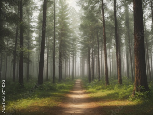 Image depicting a dirt road running through a scenic, misty forest landscape. Created with generative AI tools