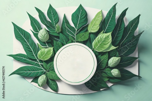 White template mockup, natural organic product presentation advertisement with green leaves, nature, flat lay background trendy stylish minimalist flatlay backdrop. Created with generative AI tools