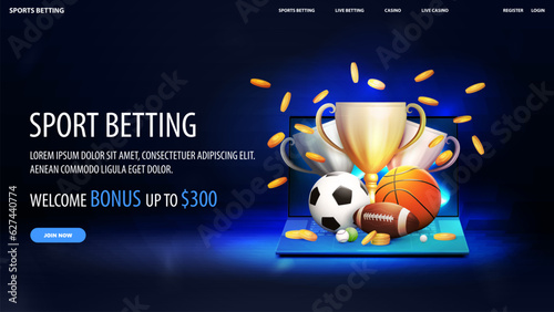 Sport betting, dark and blue banner with offer, laptop, champion cups and sport balls flying up of the screen