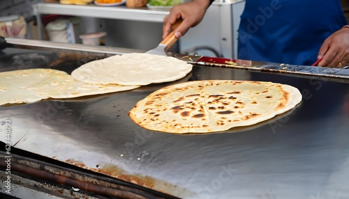 A street food vendor expertly flipping parathas on a griddle, Generative AI