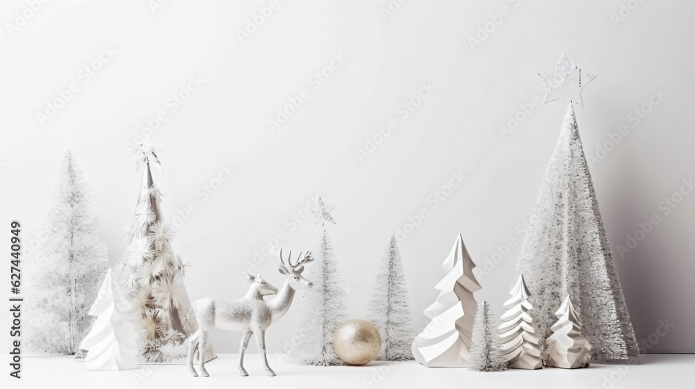 group of white trees with silver decorations on them, and a deer standing in front of them, generative ai