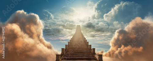 Stairway to heaven  stone staircase leading to bright glow in distance  clouds around. Generative AI