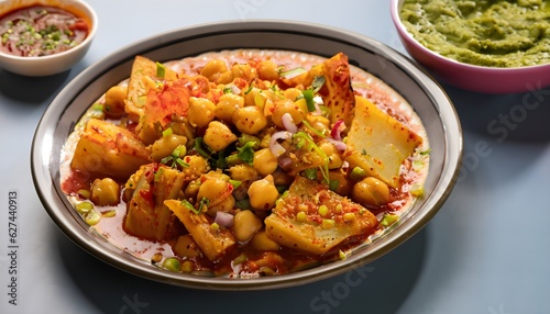 A classic serving of chaat, a tangy and spicy mixture of chickpeas, potatoes, and chutneys, Generative AI