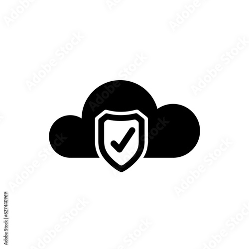 cloud icon with shield and check mark in black on a white background, successful protection data or secure storage