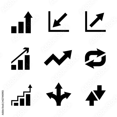 set of icons in the form of arrows and charts in black on a white background, business icons or finance analytics