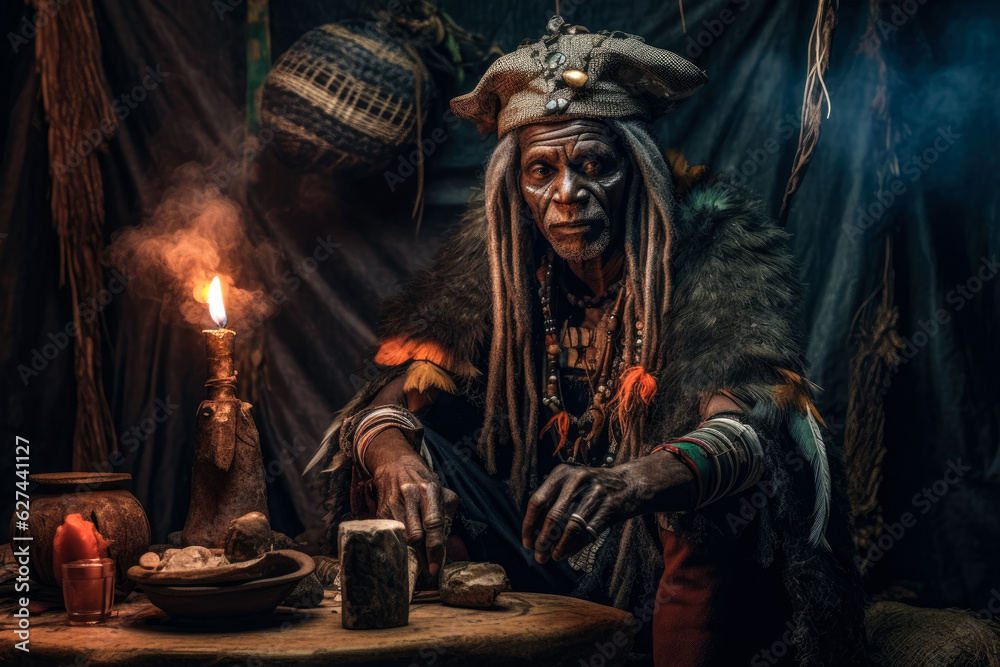 African shaman or witch doctor performing ritual in his shrine, mystical dark occult portrait. Generative AI