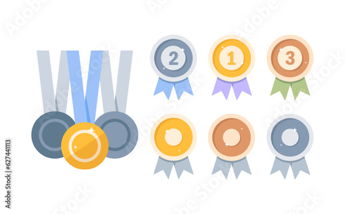 Gold, silver and bronze medals. Metal awards, winner badges for first, second and third places. 1st, 2nd and 3d prizes in competition