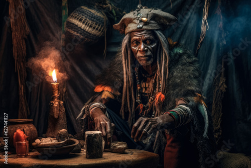 African shaman or witch doctor performing ritual in his shrine  mystical dark occult portrait. Generative AI