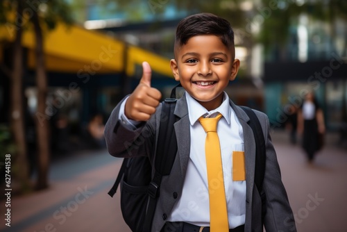 Happy smiling boy with thumb up is going to school.