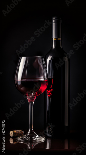 A bottle and a glass of red wine stand on a black mirror table. Elegant red wine glass and a wine bottle in black background. Realistic 3D illustration. Generative AI