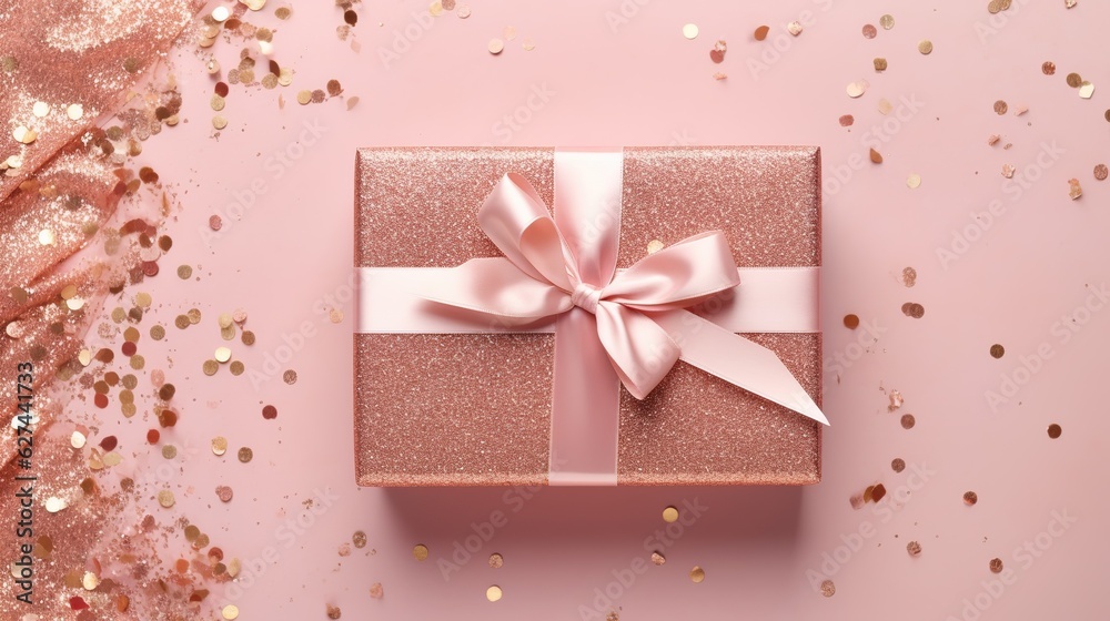 pink ribbon bow on craft paper giftbox over large shiny sequins isolated pink background pink ribbon bow on craft paper giftbox over large shiny sequins isolated pink background