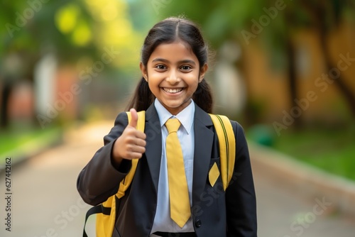 Happy smiling girl with thumb up is going to school