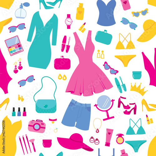 Vector pattern with women's clothing, cosmetics and jewelry