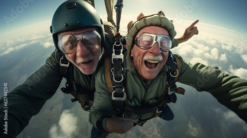 Two pensioners jump from a parachute, Selfie.