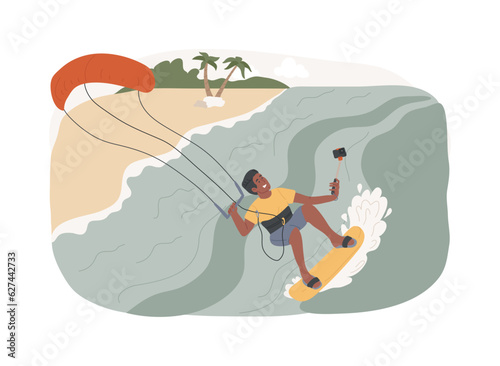 Kitesurfing isolated concept vector illustration. Kiteboarding, parachute water sport, flying adventure, wind speed, extreme fun, action camera, freestyle trick, freedom vector concept.