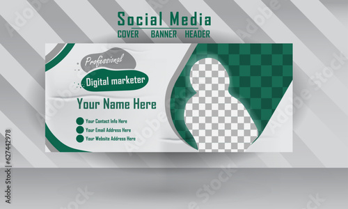 Social business facebook cover page for ads banner template design. Advertising cover page with landscape orientations green color with an image. minimal vector design for social media.