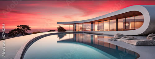 A luxury modern vacation home with a swimming pool in a warm climate with palm trees. The house is a perfect spot for enjoying the view of a red sunset.  A perfect relaxing getaway. © jonathon