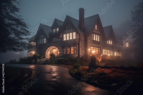old lit manor mansion at night. lit windows. photo