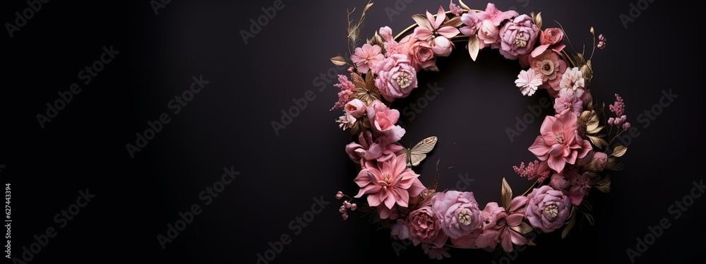 Generative AI, Close up wreath, blooming flowerbeds of amazing pink flowers on dark moody floral textured background.