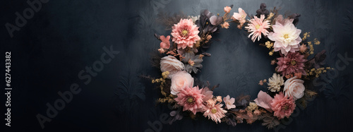 Generative AI, Close up wreath, blooming flowerbeds of amazing pink flowers on dark moody floral textured background.