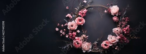 Generative AI, Close up wreath, blooming flowerbeds of amazing pink flowers on dark moody floral textured background.