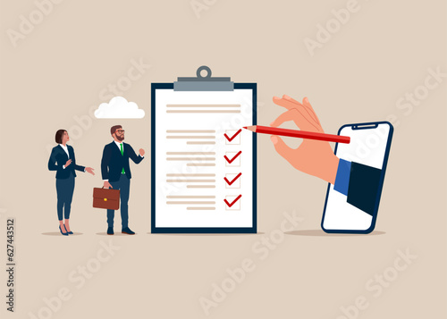 Vacancy. Business team and hand human holding pencil and fill check list on paper sheet clipboard. Survey form with red pencil. Vector illustration