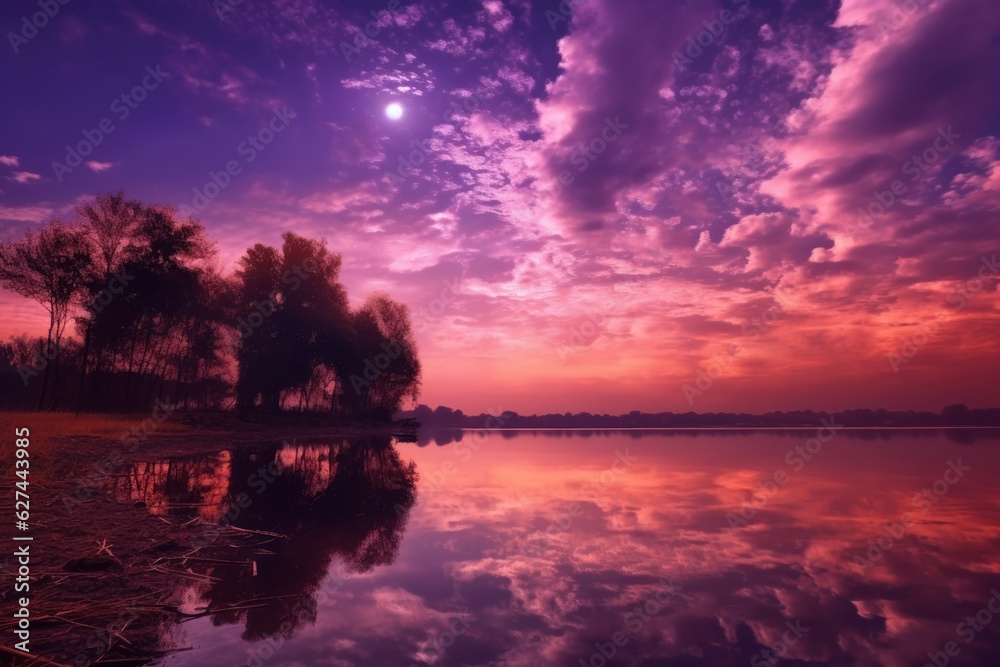 lake sunset. pink and purple tones.
