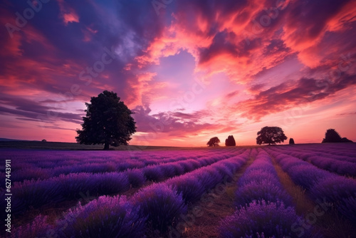 lavender field. flower field, dusk. sunset warm and purple sky.