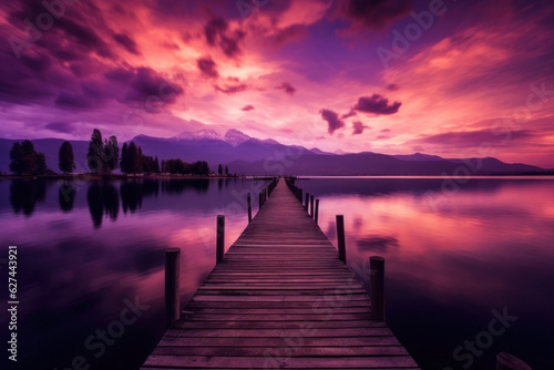 wood pier over a lake. sunset. pink and purple sunset sky.