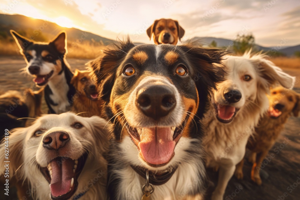 A group of dogs taking a selfie on a blurred background. Generative AI - obrazy, fototapety, plakaty 