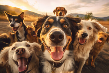 A group of dogs taking a selfie on a blurred background. Generative AI