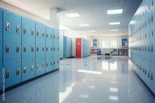 School hallway with modern lockers. Concept of studying and getting knowledge. Generative AI