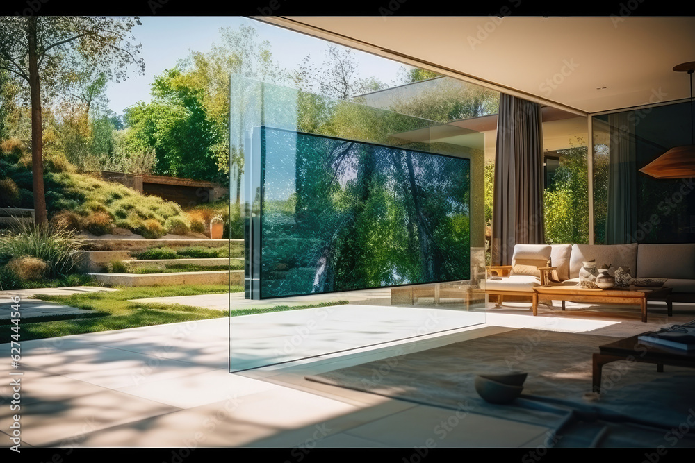 A transparent, large television screen on the glass wall opening to the garden. Generative ai