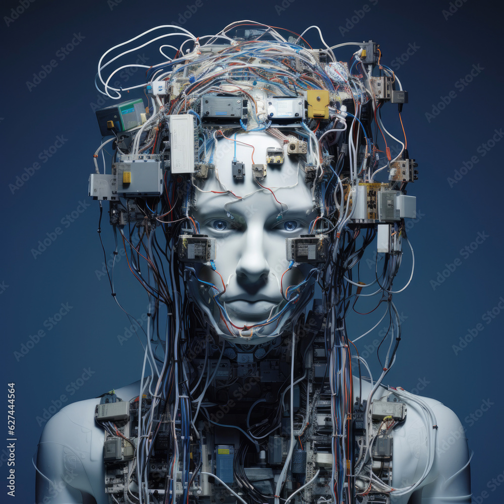 A white robot woman covered in cables, chips, and wires. Generative AI A white robot woman covered in cables, chips, and wires. Generative AI