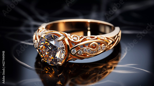 Golden ring with diamonds on a dark surface.
