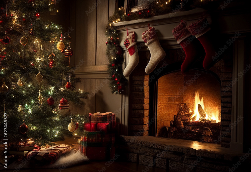 Christmas decor in a big house near a burning fireplace. AI Generated Christmas decor in a big house near a burning fireplace. AI Generated