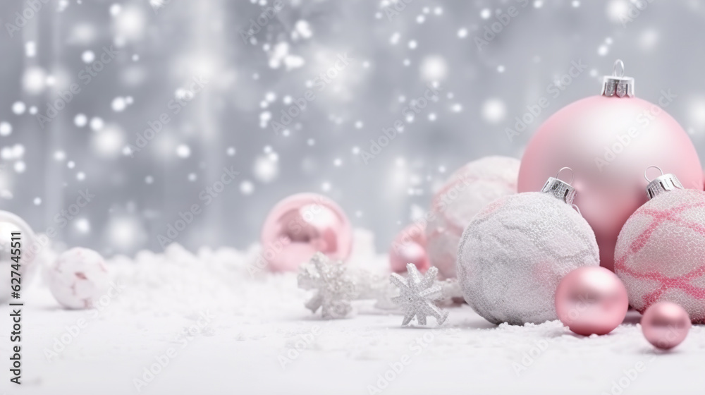 Pink christmas baubles on snow with bokeh background Pink christmas baubles on snow with bokeh background