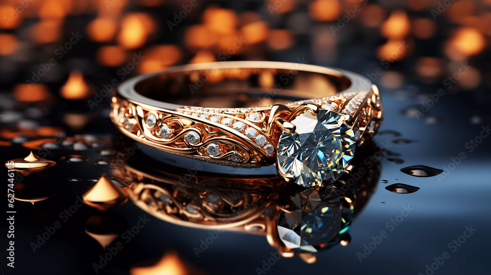 Golden ring with diamonds on a dark surface. Golden ring with diamonds on a dark surface.