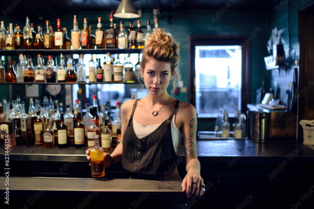 Young woman working as a bartender, some tattoos, looks a bit cheeky. Blurred alcoholic beverages background. Generative AI Young woman working as a bartender, some tattoos, looks a bit cheeky. Blurred alcoholic beverages background. Generative AI