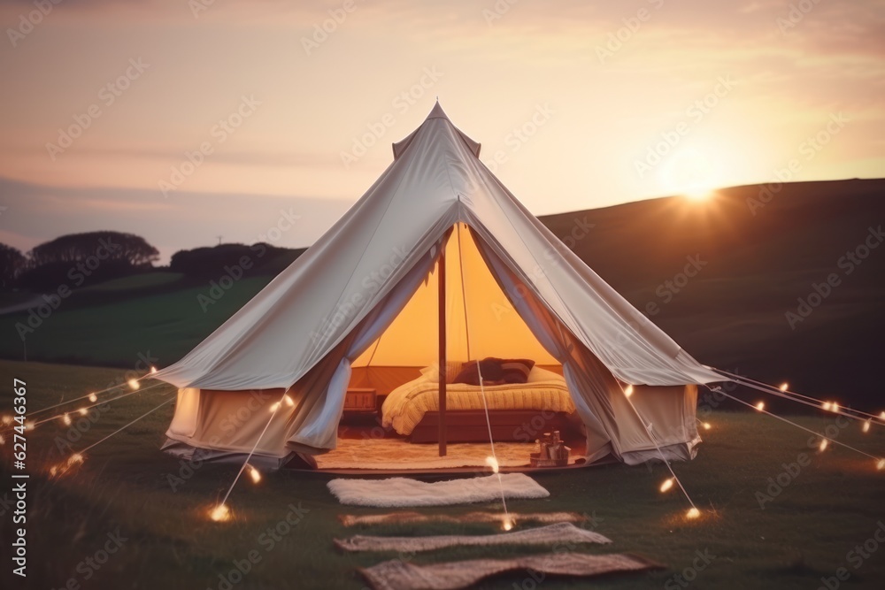 Glamping luxury tent in country side, day time camping generative ai