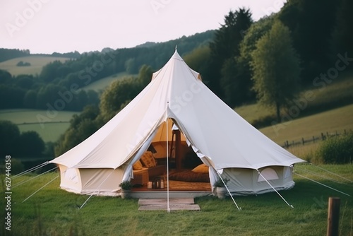 Glamping luxury tent in country side, day time camping generative ai © Hixel