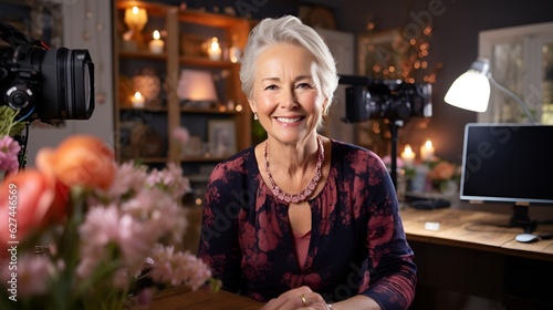 A woman 60+ keeps her video blog, photo portrait.