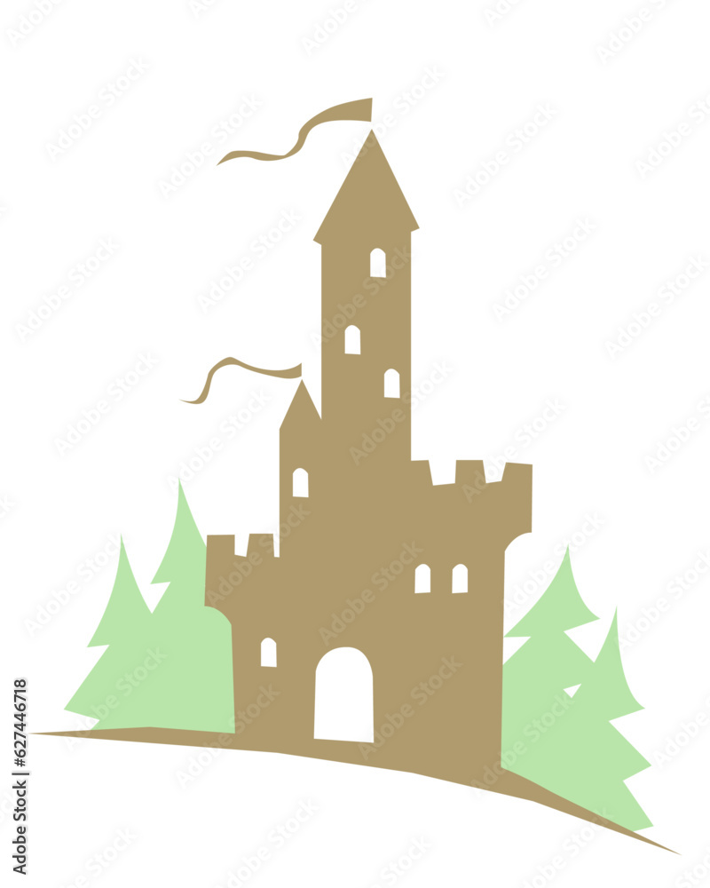 A medieval castle in the middle of a pine forest. A medieval castle in the middle of a pine forest.