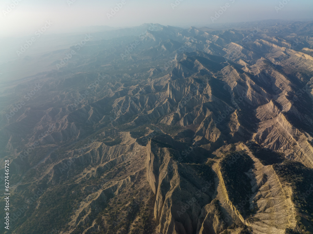 Obraz premium Aerial view of beautiful textures and hills in Vashlovani national park. Gorgeous place in Georgia.