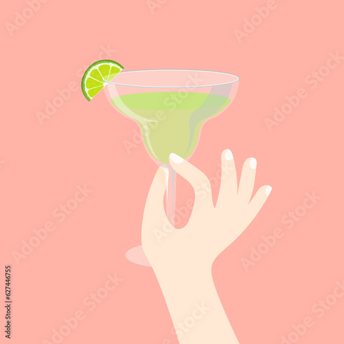 A hand holds a glass in an elegant way. Margarita cocktail with lime slice. Vector illustration in trendy flat style isolated on pink background.