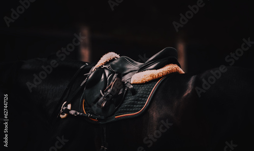 Foto In the twilight of a summer day, can see a saddle and horse ammunition, dressed on a black horse