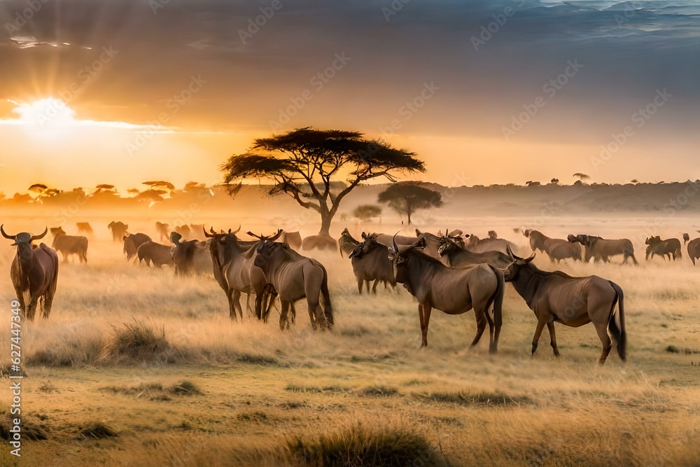 herd of wildebeest in serengeti generated Ai.