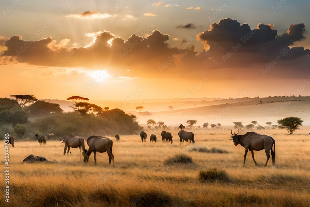 Fototapeta premium herd of wildebeest in sunset generated Ai.